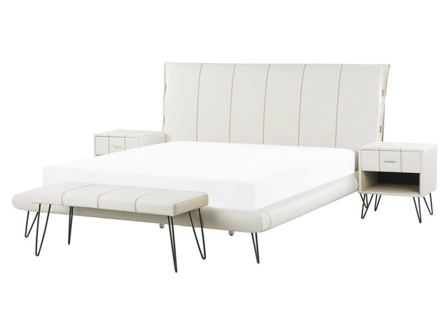 Bedroom Set White EU King Size 5ft3 Bed 2 Bedside Tables Bed Bench Modern Headboard Beliani