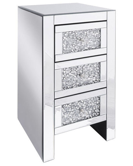 Bedside Table Silver Mirrored Glass 3 Drawer Chest  60 x 30 x 30 cm Modern Glam Living Room Bedroom Beliani