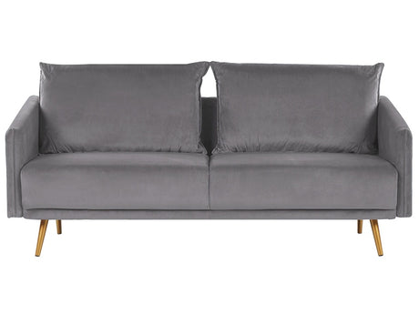 Sofa Grey Velvet 3 Seater Back Cushioned Seat Metal Golden Legs Retro Glam Beliani