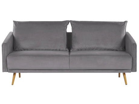 Sofa Grey Velvet 3 Seater Back Cushioned Seat Metal Golden Legs Retro Glam Beliani