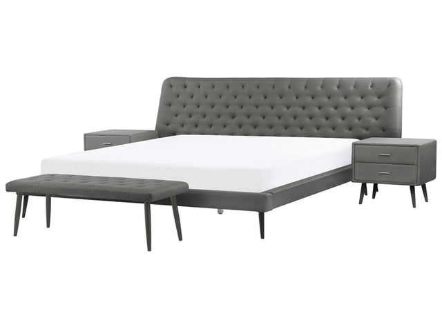 Bedroom Set Grey Faux Leather EU Super King Size 6ft Bed 2 Bedside Tables Bed Bench  Beliani