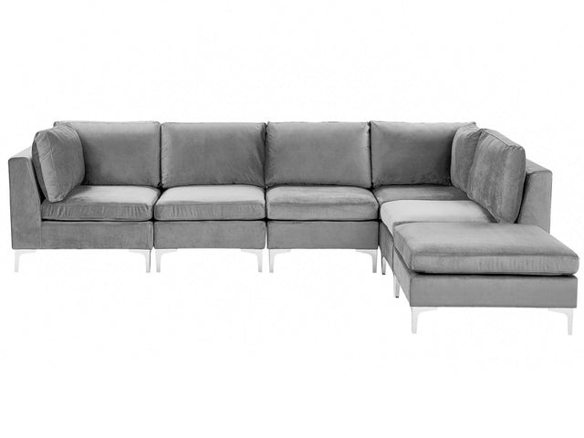 Left Hand Modular Corner Sofa Grey Velvet 5 Seater with Ottoman L-Shaped Silver Metal Legs Glamour Style Beliani