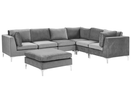 Left Hand Modular Corner Sofa Grey Velvet 6 Seater with Ottoman L-Shaped Silver Metal Legs Glamour Style Beliani