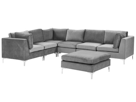 Right Hand Modular Corner Sofa Grey Velvet 6 Seater with Ottoman L-Shaped Silver Metal Legs Glamour Style Beliani