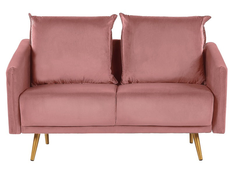 Sofa Pink Velvet 2 Seater Back Cushioned Seat Metal Golden Legs Retro Glam Beliani