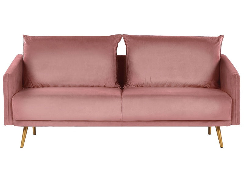 Sofa Pink Velvet 3 Seater Back Cushioned Seat Metal Golden Legs Retro Glam Beliani