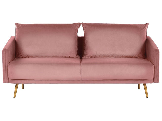 Sofa Pink Velvet 3 Seater Back Cushioned Seat Metal Golden Legs Retro Glam Beliani