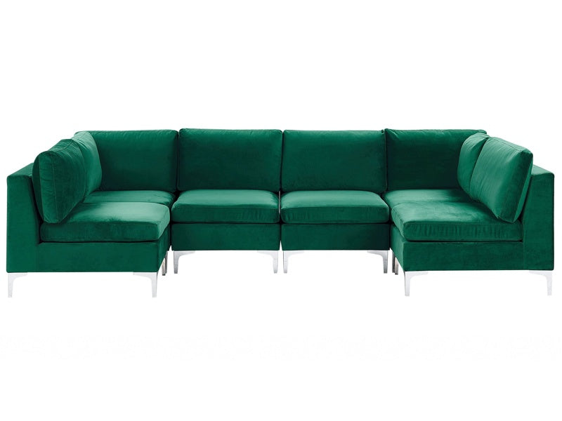 Modular Sofa Green Velvet U Shape 6 Seater Silver Metal Legs Glamour Style Beliani