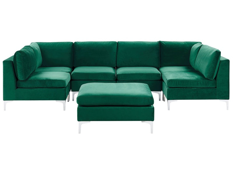 Modular Sofa Green Velvet U Shape 6 Seater with Ottoman Silver Metal Legs Glamour Style Beliani