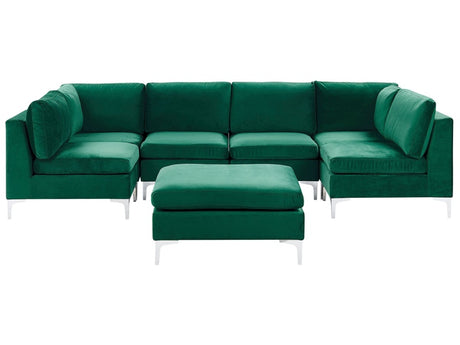 Modular Sofa Green Velvet U Shape 6 Seater with Ottoman Silver Metal Legs Glamour Style Beliani