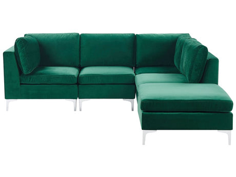 Left Hand Modular Corner Sofa Green Velvet 4 Seater with Ottoman L-Shaped Silver Metal Legs Glamour Style Beliani