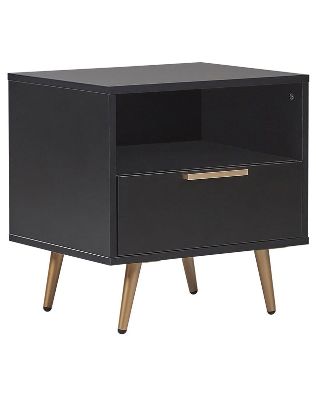 Bedside Table Black MDF Golden Metal Legs Storage Drawer Shelf Mat Finish Bedroom Nightstand Beliani