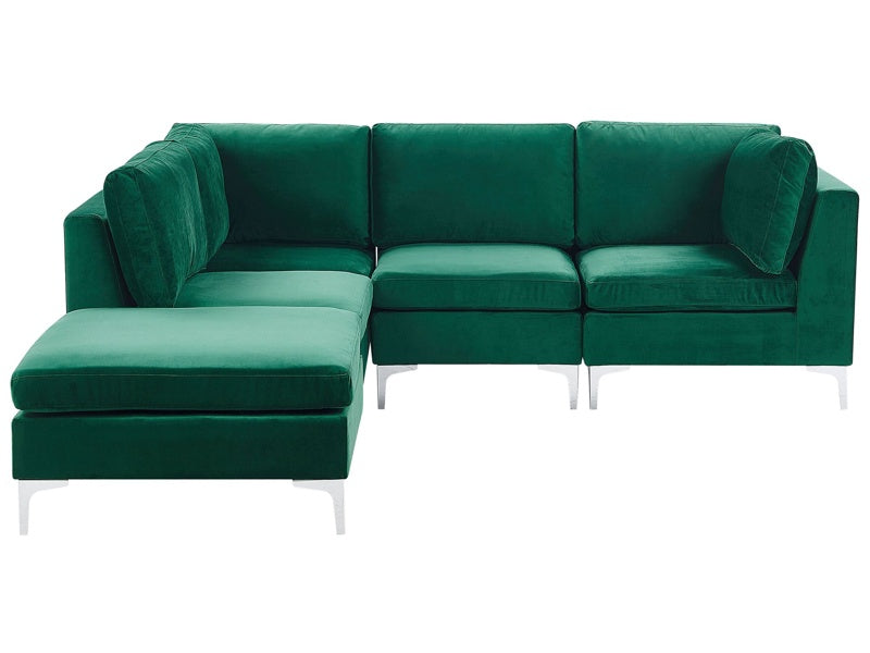 Right Hand Modular Corner Sofa Green Velvet 4 Seater with Ottoman L-Shaped Silver Metal Legs Glamour Style Beliani