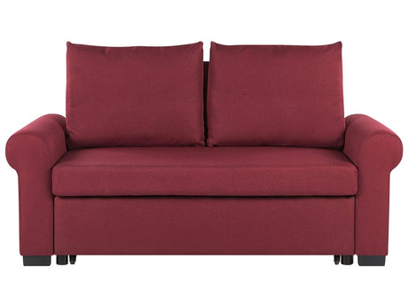 Sofa Bed Burgundy Red Polyester Fabric 2 Seater Pull-Out Convertible Sleeper Retro Beliani