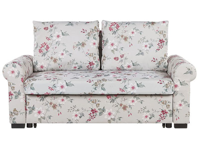 Sofa Bed Light Grey Polyester Fabric Floral Pattern 2 Seater Pull-Out Convertible Sleeper Retro Beliani