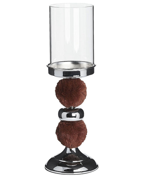 Candle Holder Silver Metal Pillar with Brown Faux Fur Glass Shade 38 cm Accent Piece Decoration Table Centrepiece Beliani