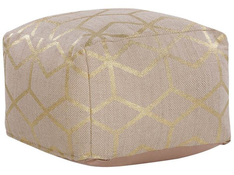 Pouffe Beige Jute 56 x 56 cm Square Fabric Ottoman Footstool Gold Print Pattern Beliani