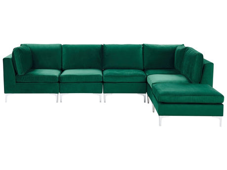 Left Hand Modular Corner Sofa Green Velvet 5 Seater with Ottoman L-Shaped Silver Metal Legs Glamour Style Beliani