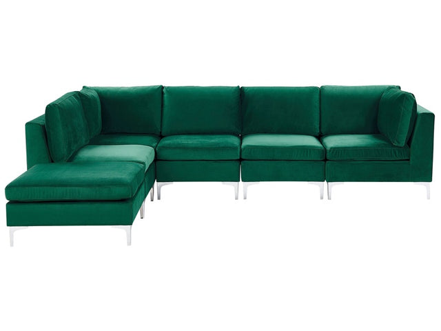 Right Hand Modular Corner Sofa Green Velvet 5 Seater with Ottoman L-Shaped Silver Metal Legs Glamour Style Beliani