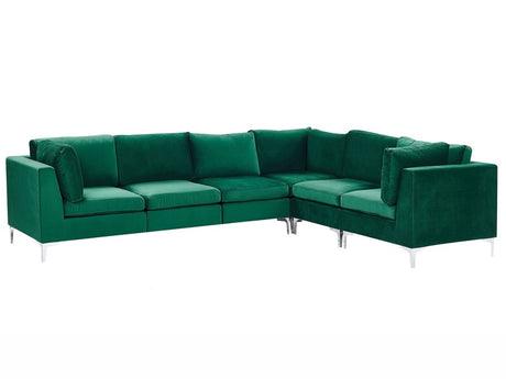 Left Hand Modular Corner Sofa Green Velvet 6 Seater L-Shaped Silver Metal Legs Glamour Style Beliani