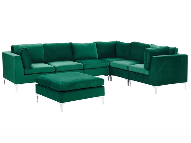 Left Hand Modular Corner Sofa Green Velvet 6 Seater with Ottoman L-Shaped Silver Metal Legs Glamour Style Beliani