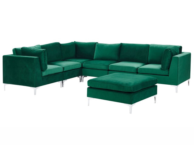 Right Hand Modular Corner Sofa Green Velvet 6 Seater with Ottoman L-Shaped Silver Metal Legs Glamour Style Beliani