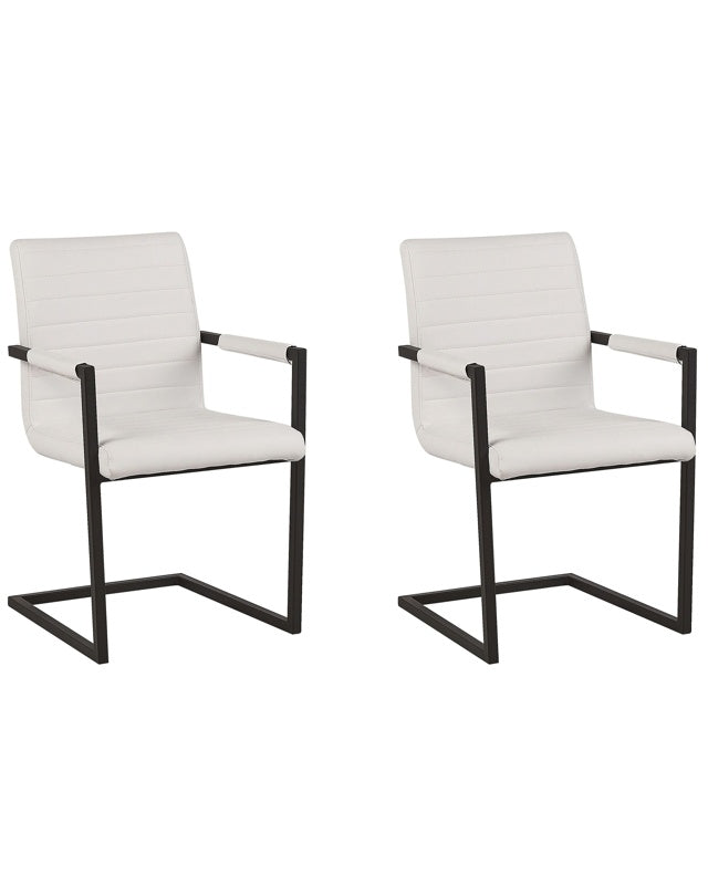 Set of 2 Cantilever Chairs Faux Leather Off-White Upholstered Chairs Modern Retro Dining Room Conference Room  Beliani