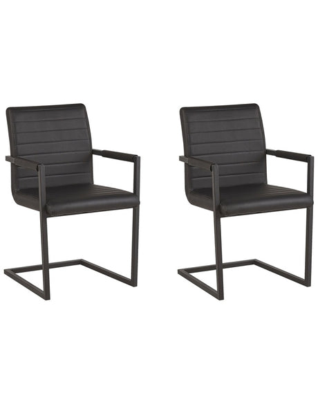 Set of 2 Cantilever Chairs Faux Leather Black Upholstered Chairs Modern Retro Dining Room Conference Room  Beliani