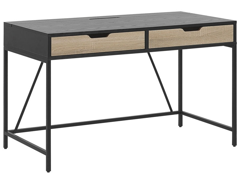 Home Desk Black Wooden Top Metal Base 2 Drawers Light Wood 120 x 60 cm Minimalist Design Beliani