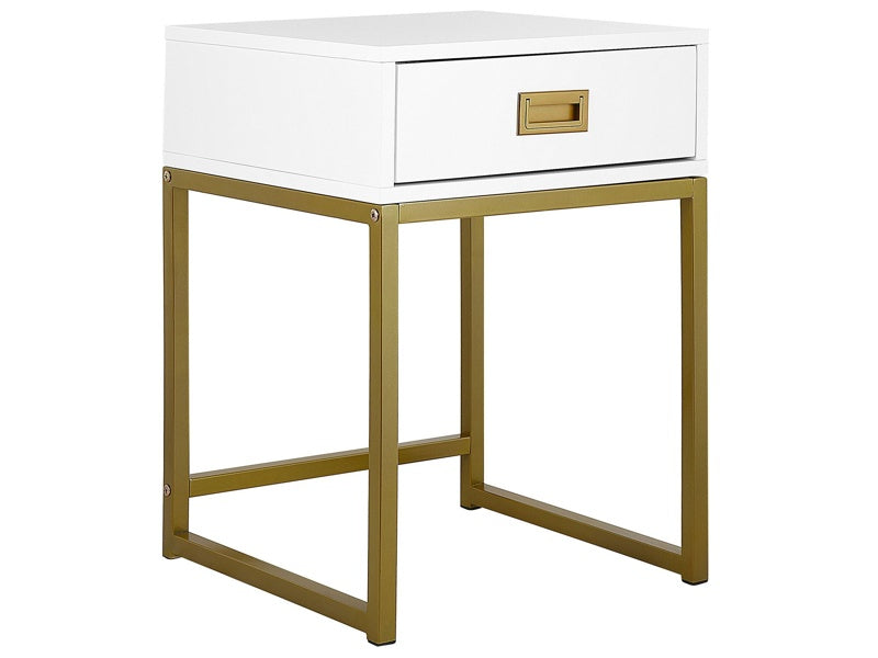 Side Table White with Gold Metal 40 x 40 cm Base Storage Drawer Bedside Nightstand Glamour Beliani