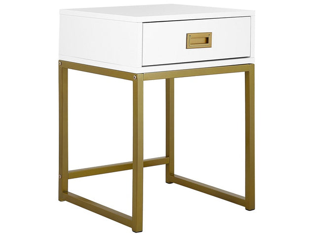 Side Table White with Gold Metal 40 x 40 cm Base Storage Drawer Bedside Nightstand Glamour Beliani