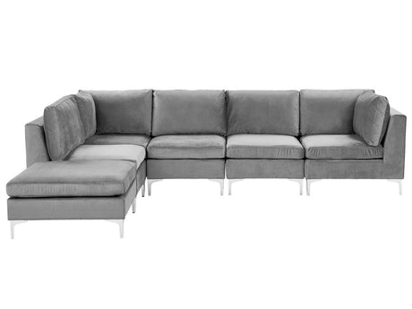 Right Hand Modular Corner Sofa Grey Velvet 5 Seater with Ottoman L-Shaped Silver Metal Legs Glamour Style Beliani