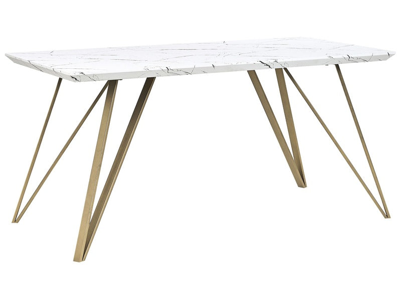 Dining Table White with Gold MDF Top Metal Legs 150 x 80 cm Marble Effect Glamour Industrial Beliani