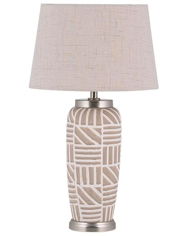 Bedside Table Lamp Beige and White Ceramic 48 cm Pattern Stripes Drum Shade Traditional Beliani