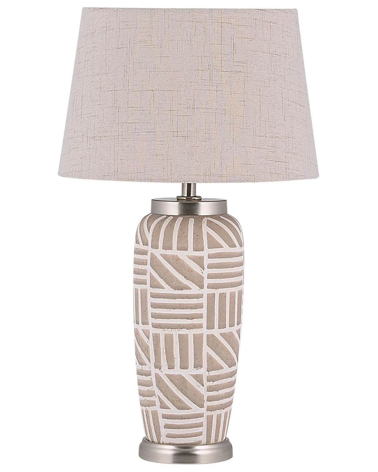 Bedside Table Lamp Beige and White Ceramic 48 cm Pattern Stripes Drum Shade Traditional Beliani