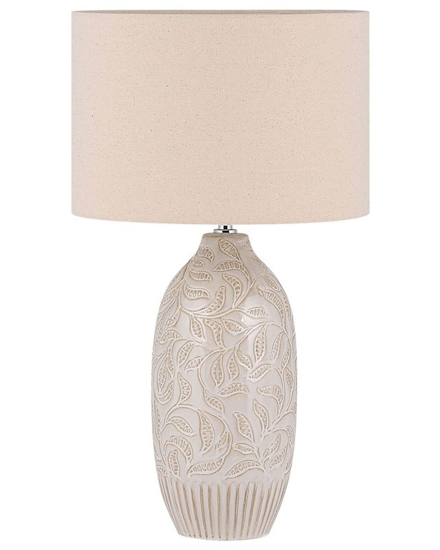 Bedside Table Lamp Beige Ceramic 57 cm Leaf Pattern Drum Shade Traditional Beliani