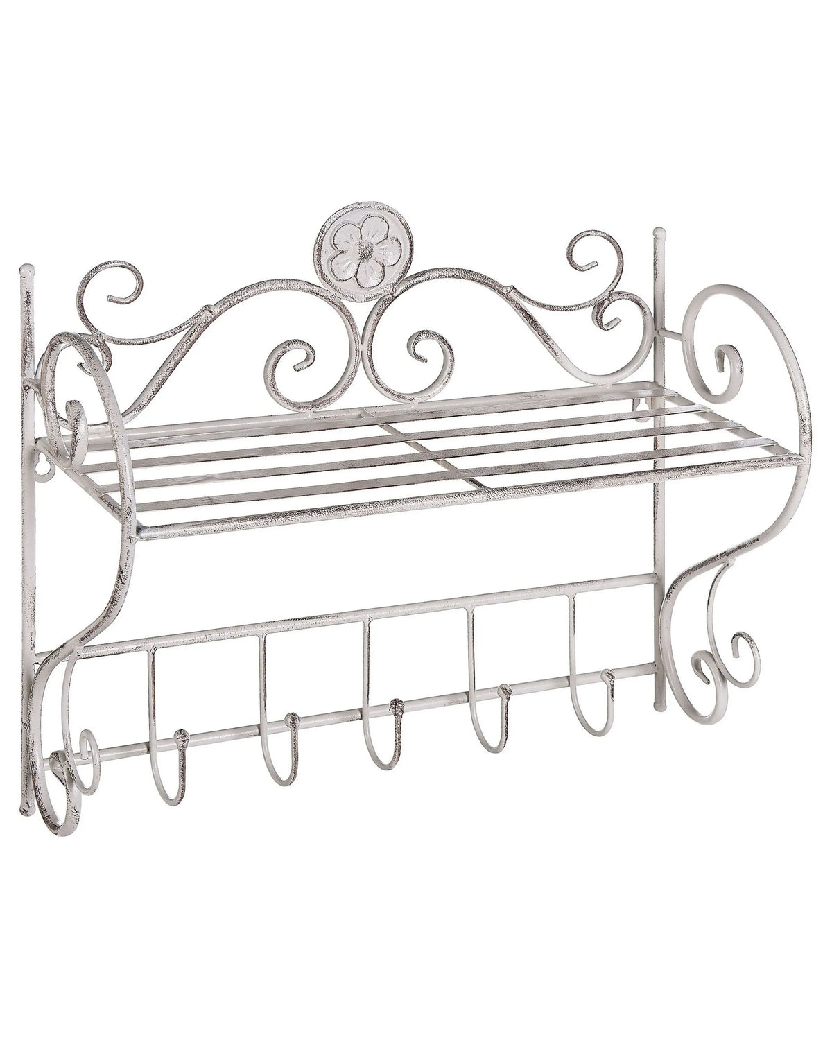 Bathroom Wall Shelf White Metal 42 x 47 cm Distressed Effect Floating Single Shelf with Hooks Vintage Style Beliani