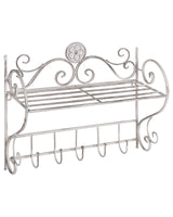 Bathroom Wall Shelf White Metal 42 x 47 cm Distressed Effect Floating Single Shelf with Hooks Vintage Style Beliani