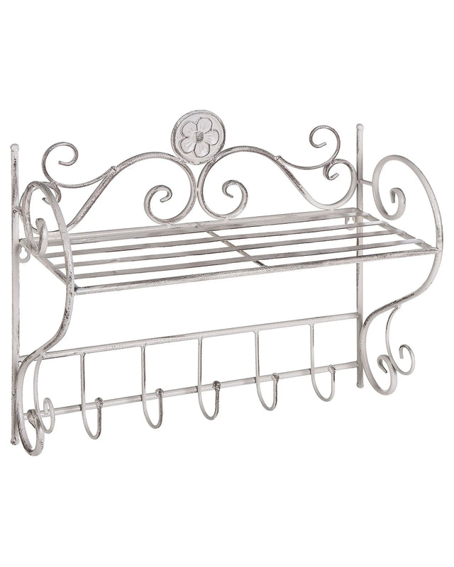 Bathroom Wall Shelf White Metal 42 x 47 cm Distressed Effect Floating Single Shelf with Hooks Vintage Style Beliani