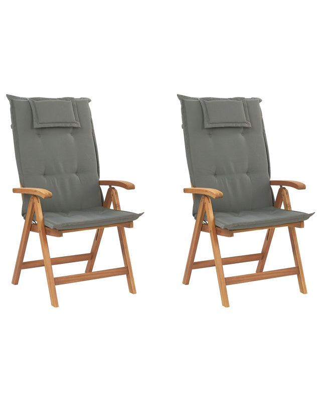 Set of 2 Garden Chairs Light Acacia Wood with Graphite Grey Cushions Folding Feature UV Resistant Rustic Style Beliani