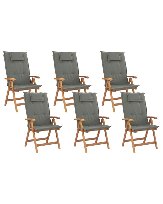 Set of 6 Garden Chairs Light Acacia Wood with Graphite Grey Cushions Folding Feature UV Resistant Rustic Style Beliani