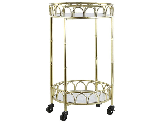 Kitchen Trolley Gold Iron Frame Marble Effect Tops Glamour Bar Cart with Castors Beliani