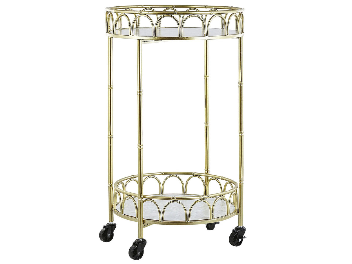 Kitchen Trolley Gold Iron Frame Marble Effect Tops Glamour Bar Cart with Castors Beliani