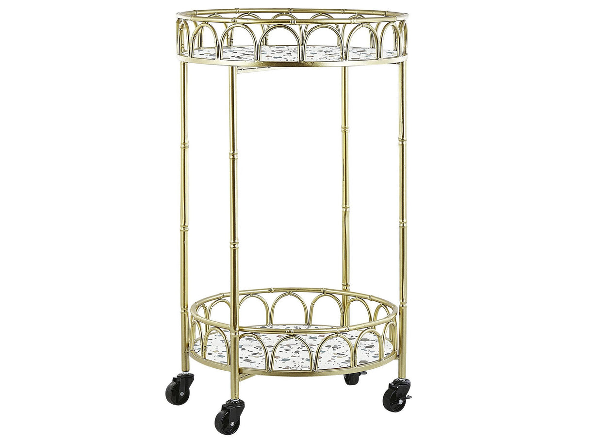 Kitchen Trolley Gold Iron Frame Terrazzo Effect Tops Glamour Bar Cart with Castors Beliani