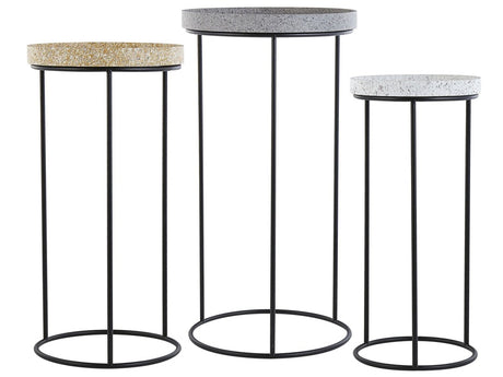 Set of 3 Side Tables Black Metal Frame Openwork Base Marble Effect Grey Beige White Top Beliani