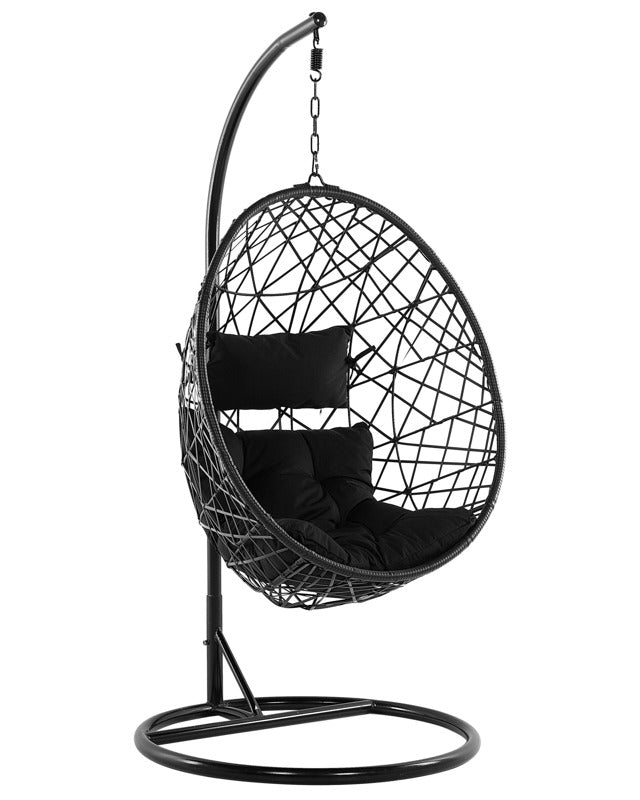 Rattan PE Hanging Chair Black Stand Swing Egg Shape Wicker Rustic Boho Beliani