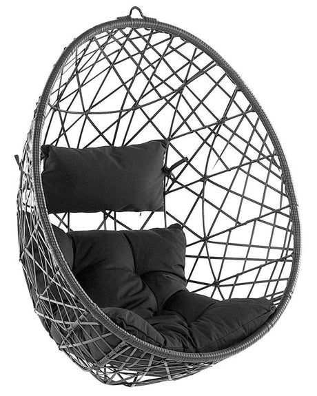 Hanging Chair Black Rattan Round Wicker Basket without Stand with Cushions Boho Beliani