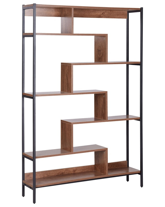 6 Tier Bookcase Dark Wood Shelves Black Metal Steel Frame Open Back Storage Industrial Beliani