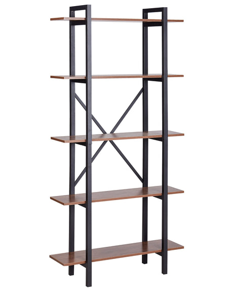 Bookcase Dark Wood Black Metal Steel Frame 5 Tier Open Back Adjustable Feet Industrial Beliani