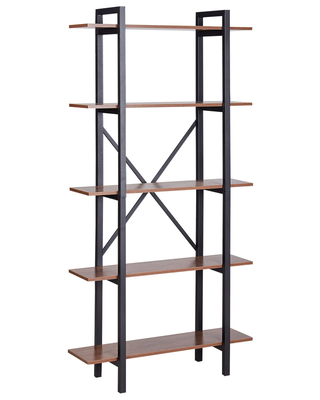 Bookcase Dark Wood Black Metal Steel Frame 5 Tier Open Back Adjustable Feet Industrial Beliani